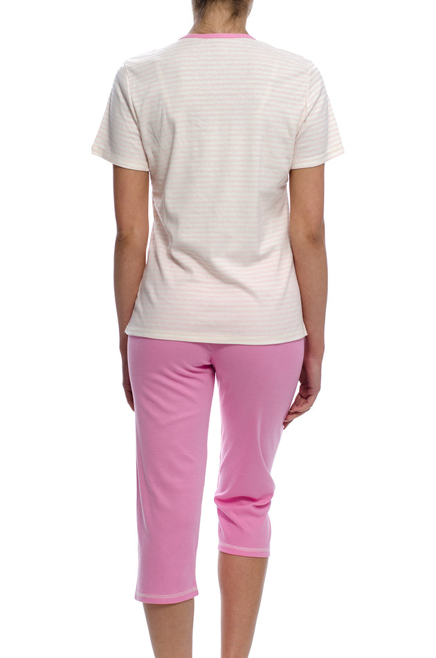 Дамска пижама от памучен рипс с дантела, цвят розово и екрю 331 (къс ръкав и клин 7/8)