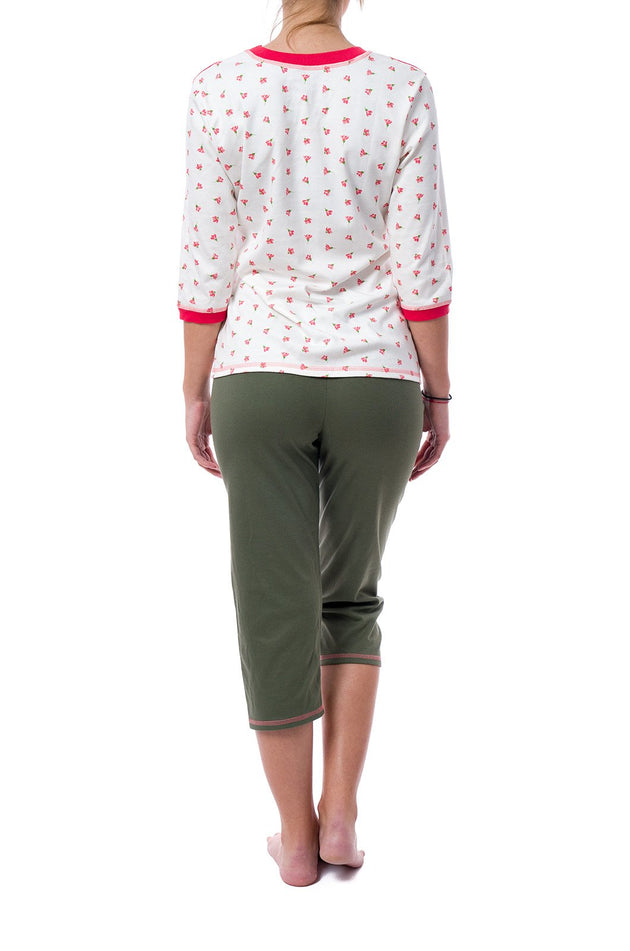 Памучна дамска пижама с щампа, цвят екрю и зелено 332 (3/4 ръкав и панталон 7/8)