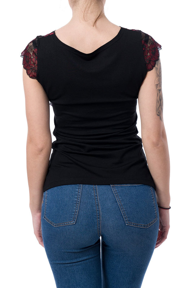 Черна памучна дамска блуза с  дантела, черно и бордо 5201