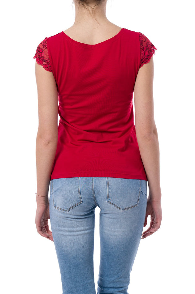 Червена памучна дамска блуза с дантела 5201
