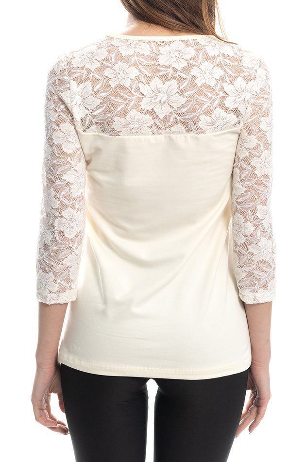 Памучна блуза с дантелени ръкави и деколте, цвят шампанско 5422