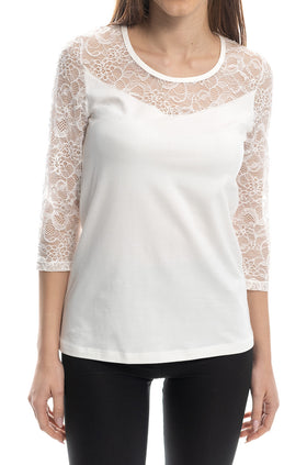 Памучна блуза с дантелени ръкави и деколте, цвят екрю 5422
