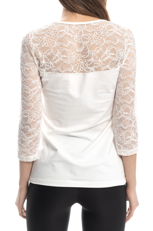 Памучна блуза с дантелени ръкави и деколте, цвят екрю 5422