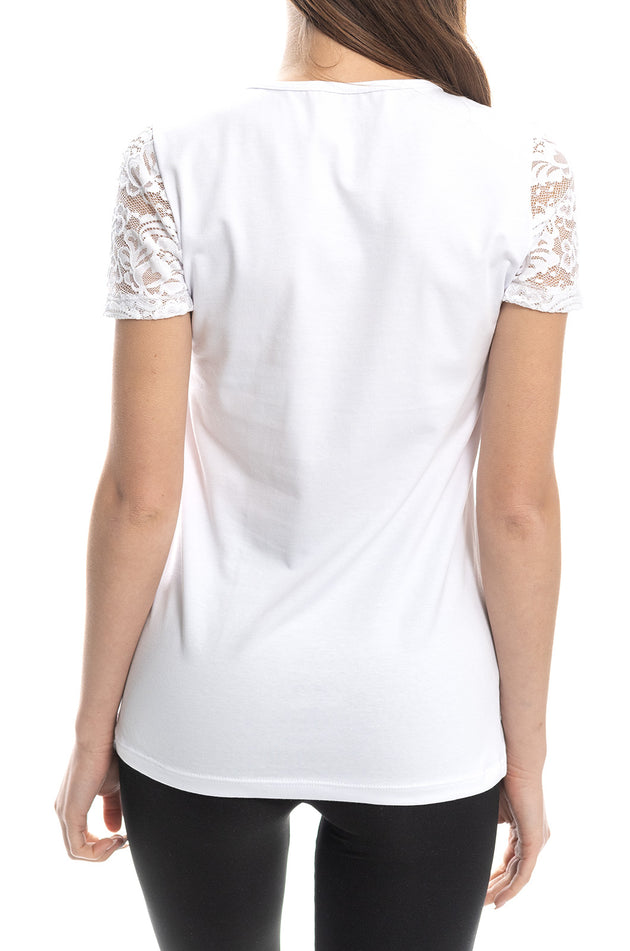 Бяла памучна блуза с дантелени платка и ръкав 5421
