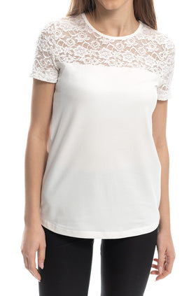 Памучна блуза, цвят вкрю, с дантелени платка и ръкав 5421