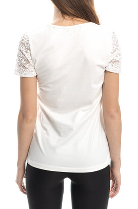 Памучна блуза, цвят вкрю, с дантелени платка и ръкав 5421