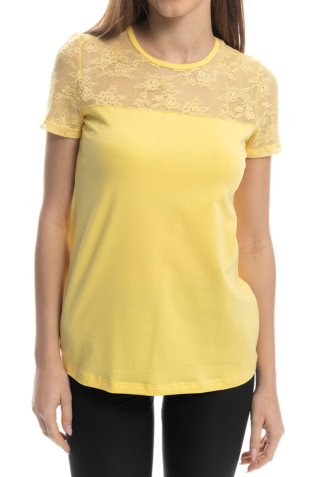 Жълта памучна блуза с дантелени платка и ръкав 5421