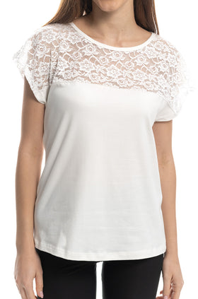 Памучна блуза с паднал ръкав и дантела, цвят екрю 5298
