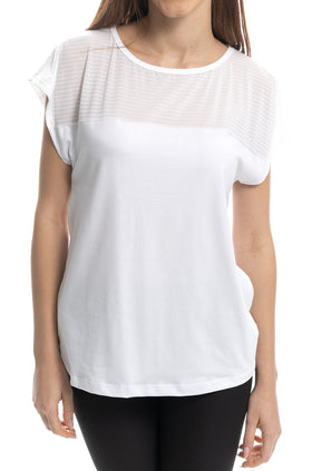 Бяла памучна блуза с паднал ръкав и дантела от фигурален тюл 5298