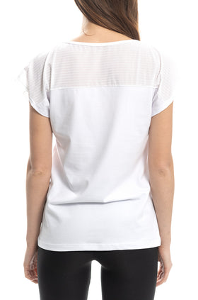 Бяла памучна блуза с паднал ръкав и дантела от фигурален тюл 5298