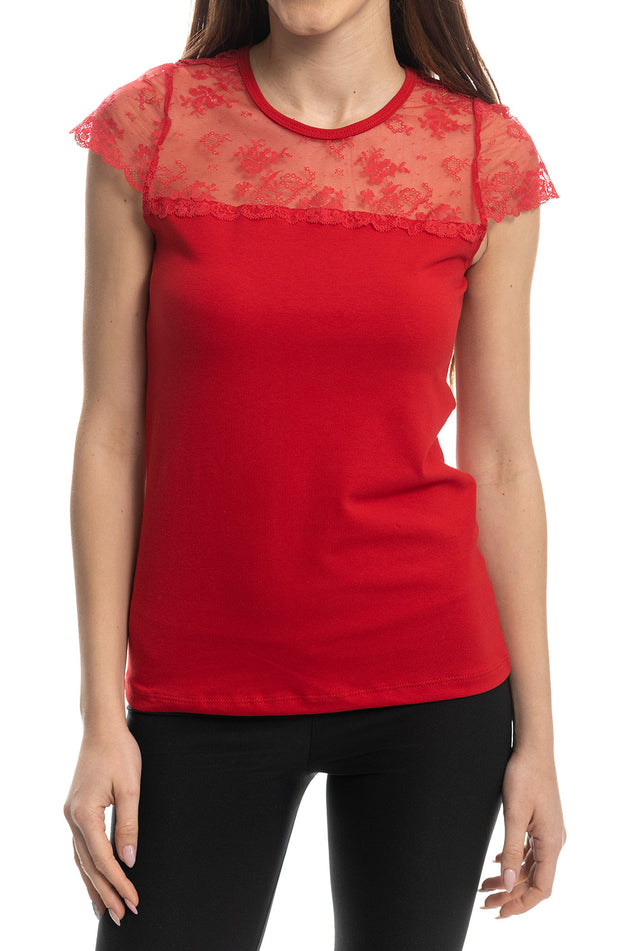 Червена памучна блуза с бродирана дантела 5423