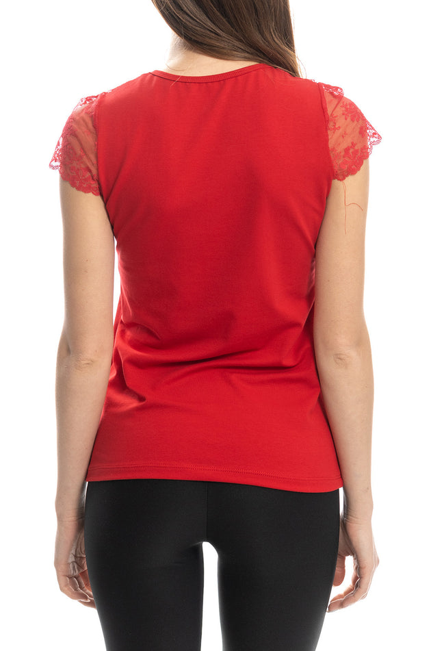 Червена памучна блуза с бродирана дантела 5423