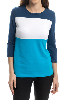 Памучна блуза в деним, бяло и електрик, с ръкав 7/8 5405