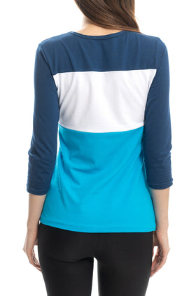 Памучна блуза в деним, бяло и електрик, с ръкав 7/8 5405