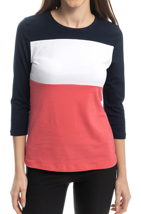 Памучна блуза в тъмносиньо, бяло и корал, с ръкав 7/8 5405