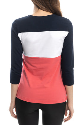 Памучна блуза в тъмносиньо, бяло и корал, с ръкав 7/8 5405