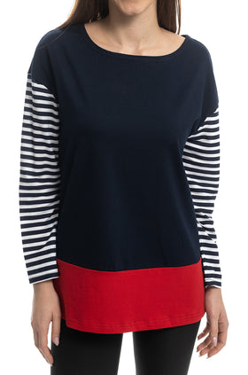 Синя памучна блуза с паднал ръкав, червена платка и 7/8 ръкав 5425