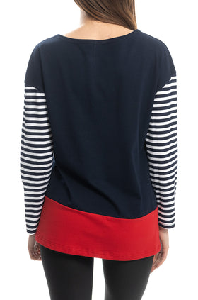 Синя памучна блуза с паднал ръкав, червена платка и 7/8 ръкав 5425