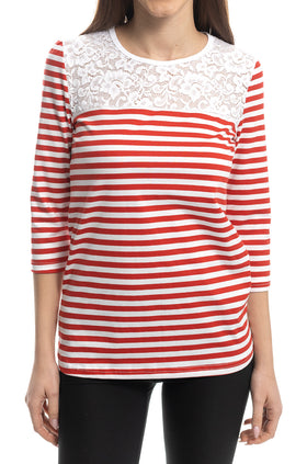 Червено-бяла раирана блуза с бяла дантела 5424