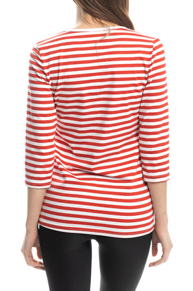 Червено-бяла раирана блуза с бяла дантела 5424