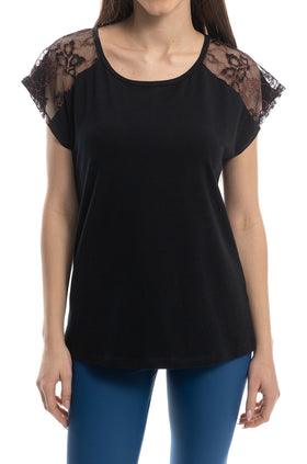 Черна памучна блуза с паднал ръкав и черно-червена дантела 5297
