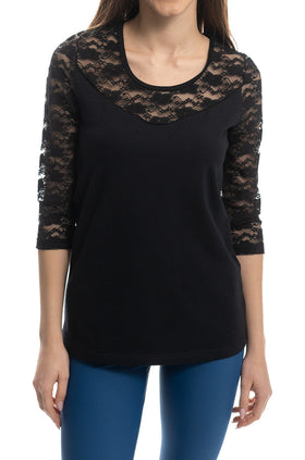 Черна памучна блуза с дантелени ръкави и деколте 5422