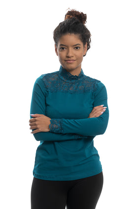 Петролена памучна блуза от фестонирана дантела 5426