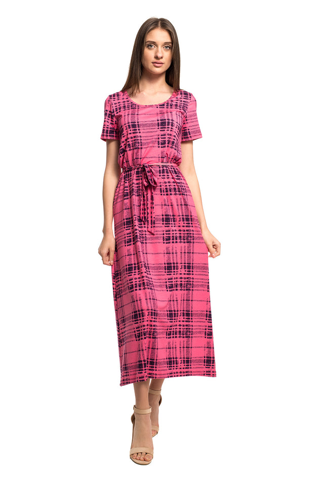 Дълга памучна рокля с колан "Розово каре" 8110