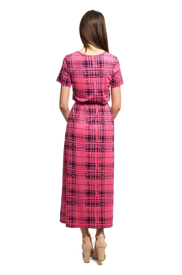 Дълга памучна рокля с колан "Розово каре" 8110