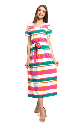 Дълга памучна рокля с колан "Цветно райе" 8110
