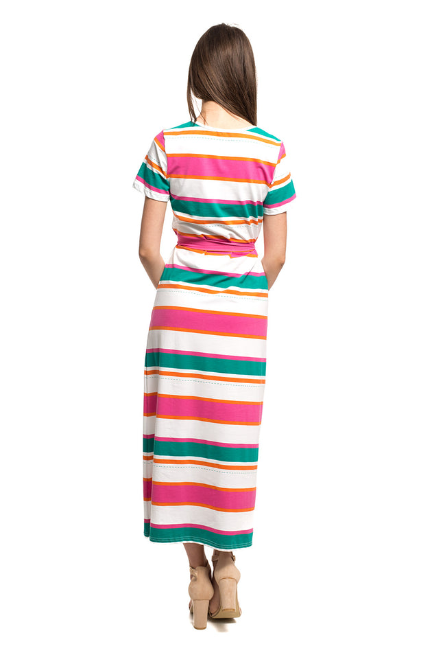 Дълга памучна рокля с колан "Цветно райе" 8110