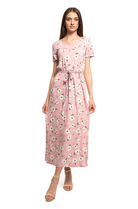 Дълга памучна рокля с колан "Нежен цвят" 8110