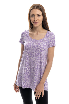 Разкроена памучна блуза с къс ръкав, с щампа "Лилаво на бели квадратчета" 5303