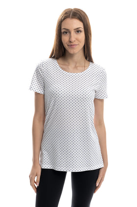 Разкроена памучна блуза с къс ръкав, с щампа "Бяло на сини звездички" 5303