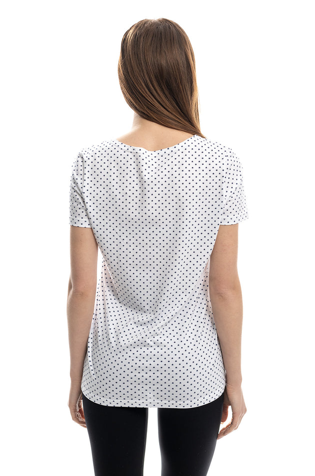 Разкроена памучна блуза с къс ръкав, с щампа "Бяло на сини звездички" 5303