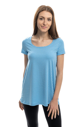 Разкроена памучна блуза с къс ръкав, с щампа "Синьо на бели точки" 5303