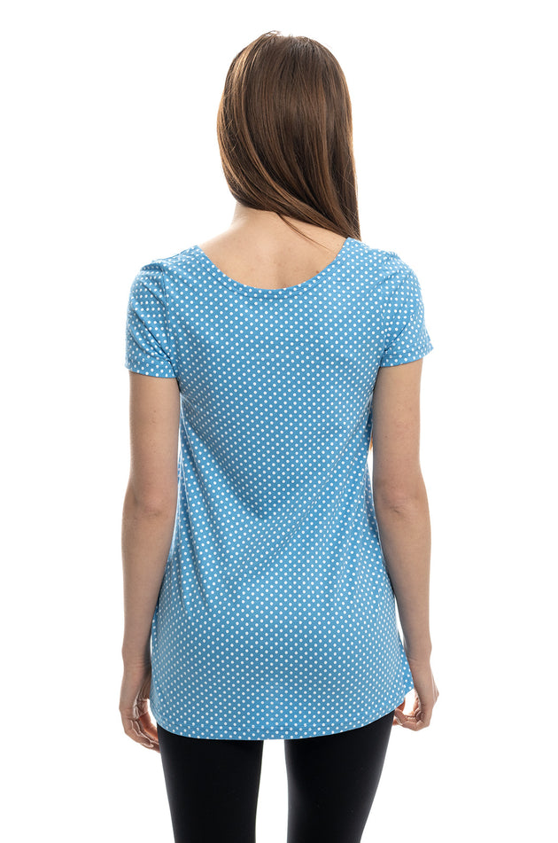 Разкроена памучна блуза с къс ръкав, с щампа "Синьо на бели точки" 5303