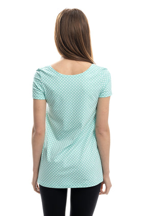 Разкроена памучна блуза с къс ръкав, с щампа "Резеда на бели точки" 5303