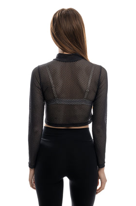 Черен кроп-топ от мрежа с дълъг ръкав и полуполо 5302