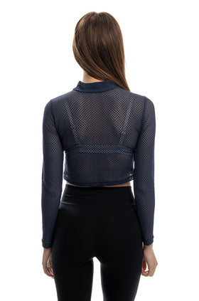 Тъмносин кроп-топ от мрежа с дълъг ръкав и полуполо 5302
