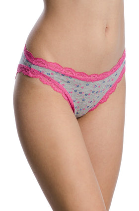 Сиви памучни бикини с щампа на сърчица и цикламена дантела 2381