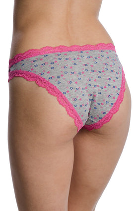 Сиви памучни бикини с щампа на сърчица и цикламена дантела 2381