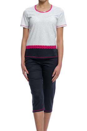 Дамска пижама от памучен рипс с дантела, цвят тъмносиво и светлосиво райе 331 (къс ръкав и клин 7/8)