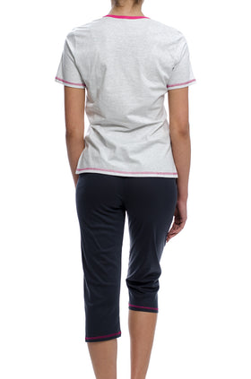 Дамска пижама от памучен рипс с дантела, цвят тъмносиво и светлосиво райе 331 (къс ръкав и клин 7/8)