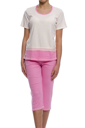 Дамска пижама от памучен рипс с дантела, цвят розово и екрю 331 (къс ръкав и клин 7/8)