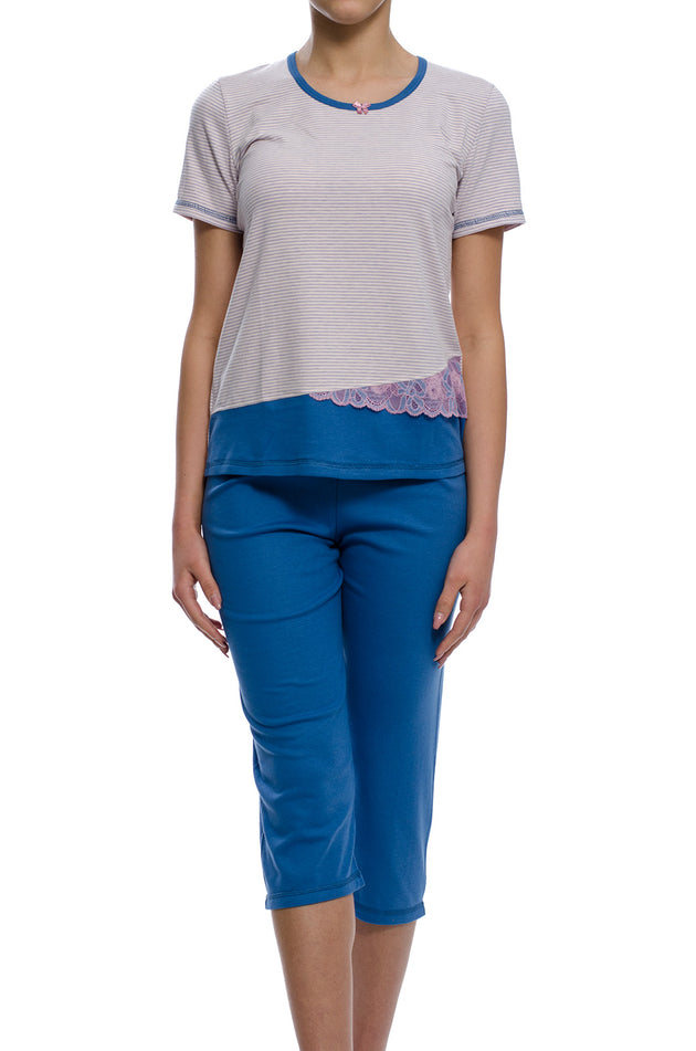 Памучна дамска пижама, цвят синьо-розово райе 334 (къс ръкав и панталон 7/8)