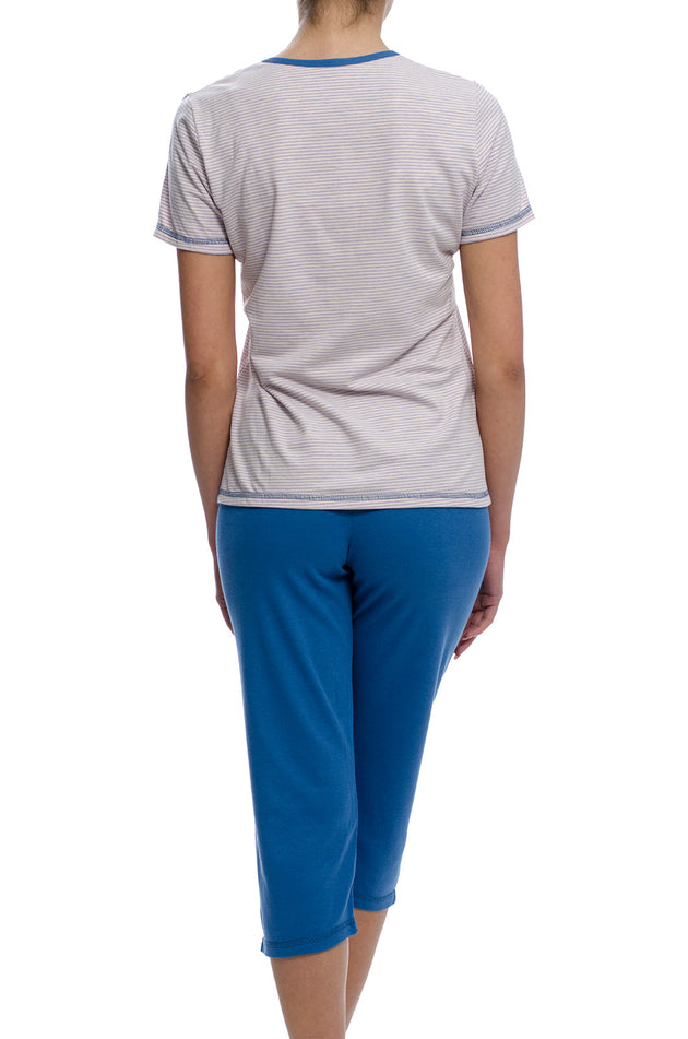 Памучна дамска пижама, цвят синьо-розово райе 334 (къс ръкав и панталон 7/8)