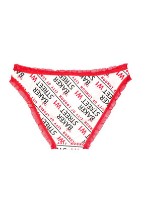 Бели памучни бикини с щампа Baker Street и червена дантела 2381