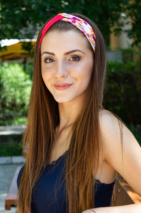 3 бр. памучна лента за коса, комбинация корал и цветен принт 701-А