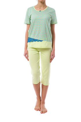 Памучна дамска пижама, цвят резеда 334 (къс ръкав и панталон 7/8)